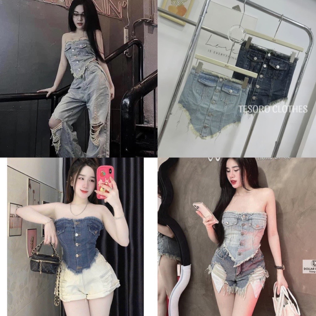 เสื้อครอปยีนฝาพับแหลมและพู่ 2 กระเป๋า ฝาหลังเทียมมียางยืด <53กิโลกรัม