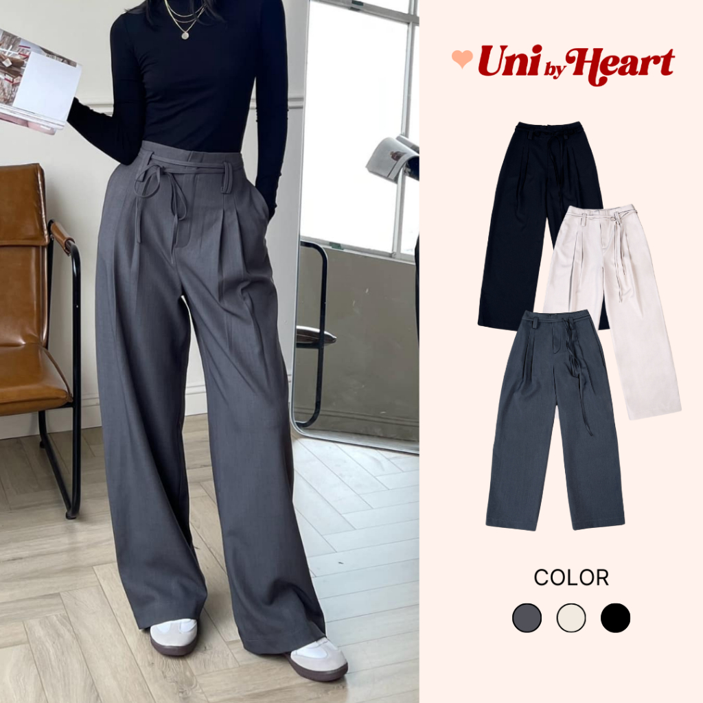 Lusia Pants QD020 กางเกงขาตรงผู้หญิง เอวสูง ทรงหลวม มีสายรัด - Uni By Heart