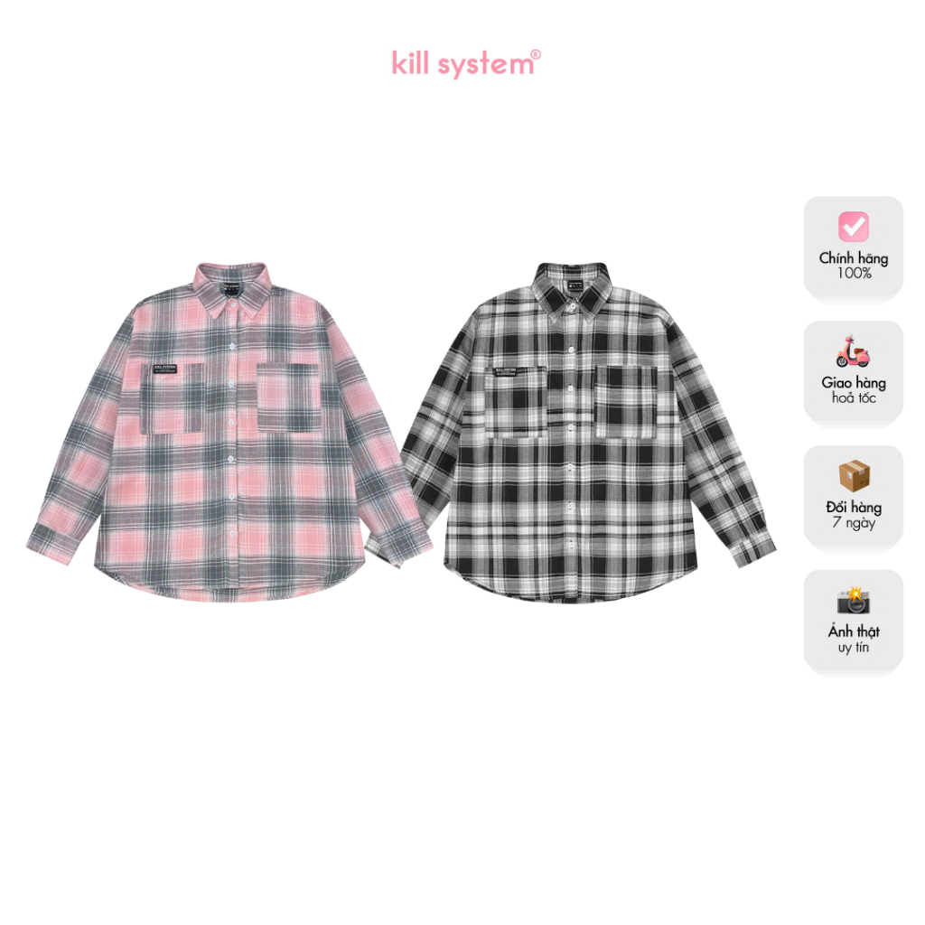 เสื้อเชิ้ตลายทาง Kill System แขนยาว กระเป๋าสี่เหลี่ยม ป้ายยางโลโก้ Somi