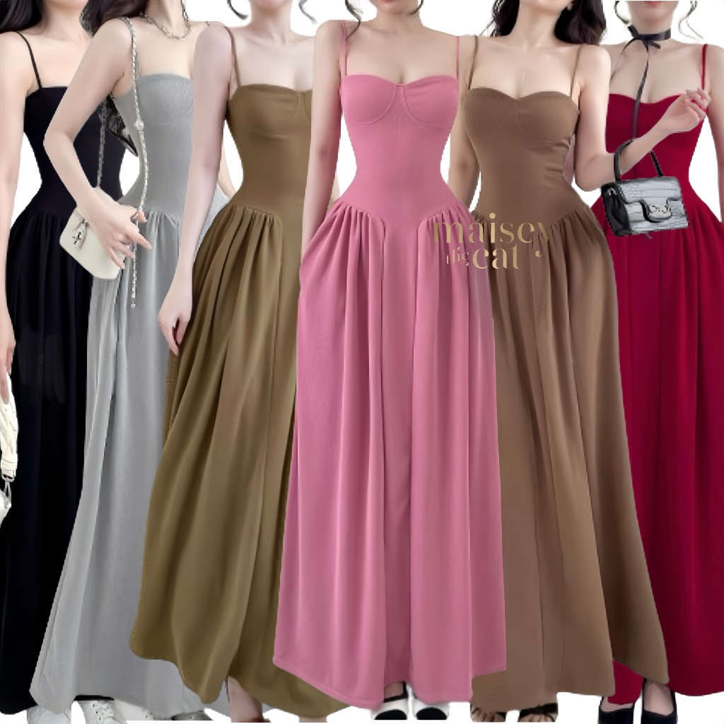 [MAISEY 1455] TWO STRETCH MAXI DRESS WITH BREAST CUP DESIGN IN 5 สี