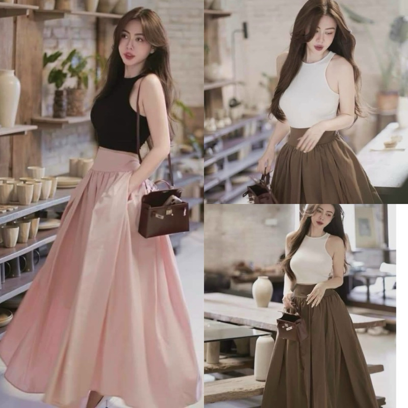 Super HOT FASHION OFFICE ชุดสตรี, เสื้อยืด RIBBED พร้อมแขนสามในสี่, ผสมผ้าฝ้ายเย็น SKIRT QC