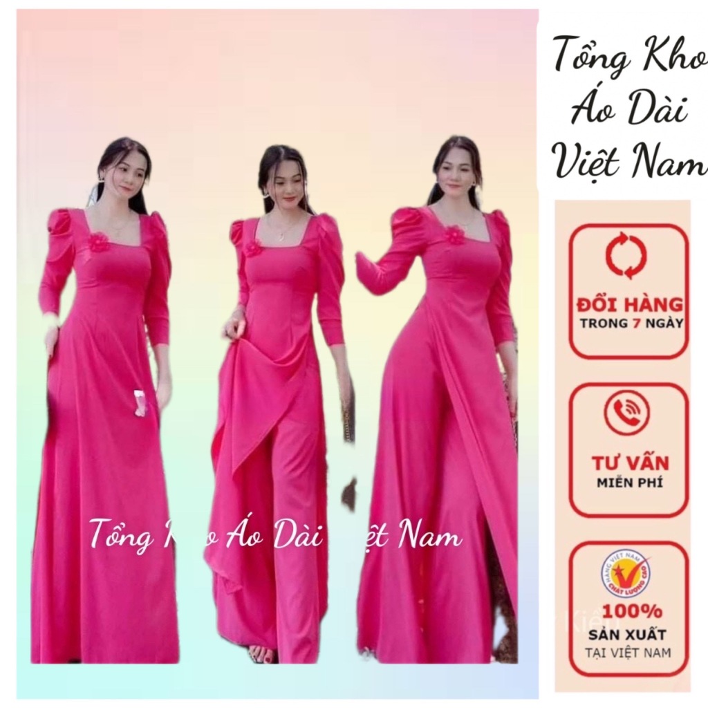 ผ้าไหมคอเหลี่ยมทุกสี Ao Dai พร้อมดอกไม้ นุ่ม ยืด ผ้าไหมอเมริกันแบน - โกดังเวียดนาม Ao Dai