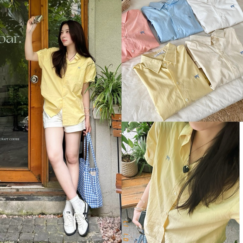 (REAL PHOTO) เสื้อเชิ้ตแขนสั้นผู้หญิง RAW QUALITY, EMBROIDERED BOW