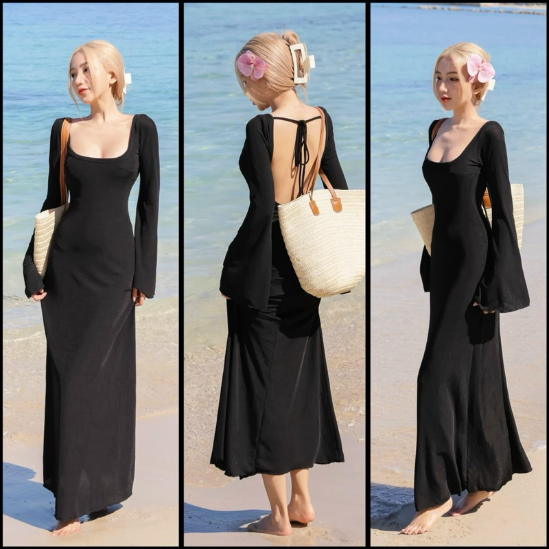 D2T อย่างเป็นทางการ Maxi Bodycon ชุด U คอแขนบานเปลือยกลับเซ็กซี่ชุดเข้ารูป