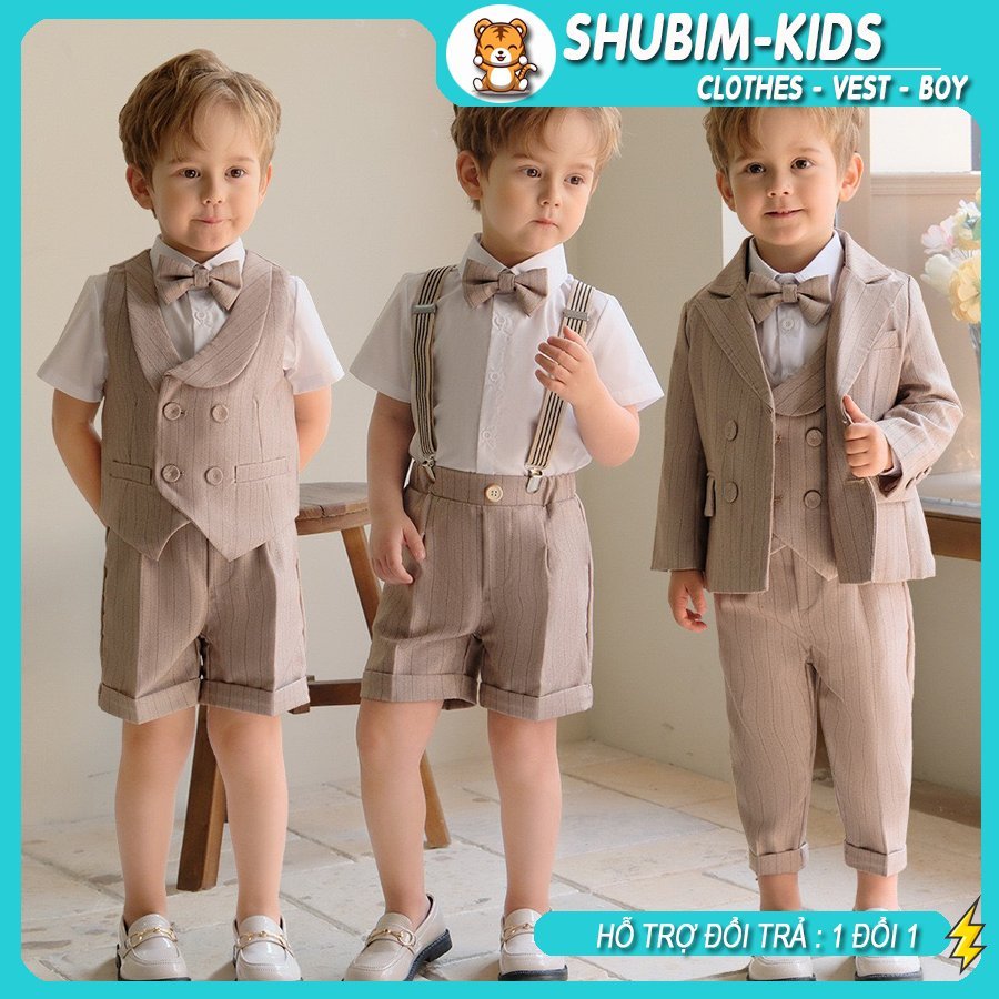 [Shubim Kids] -VT10- ชุด Gile สีเบจแขนสั้นสําหรับเด็กผู้ชายที่มีโบว์และดอกไม้ + เอี๊ยม