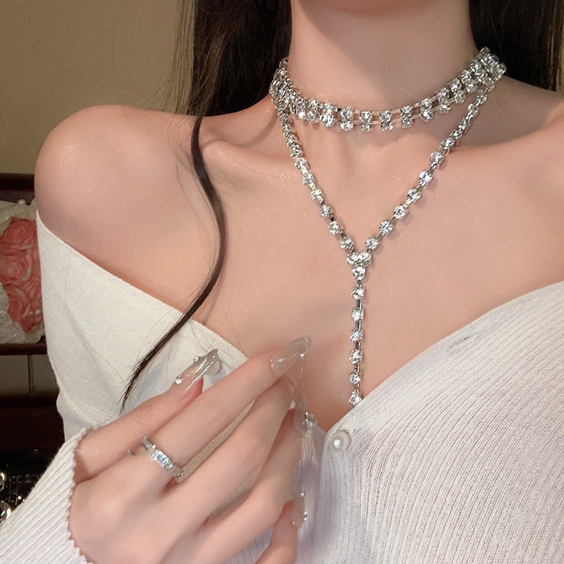 TNB330 สร้อยคอ Rhinestone ทรงสี่เหลี่ยมหรูหราแฟชั่นเกาหลีสําหรับผู้หญิง