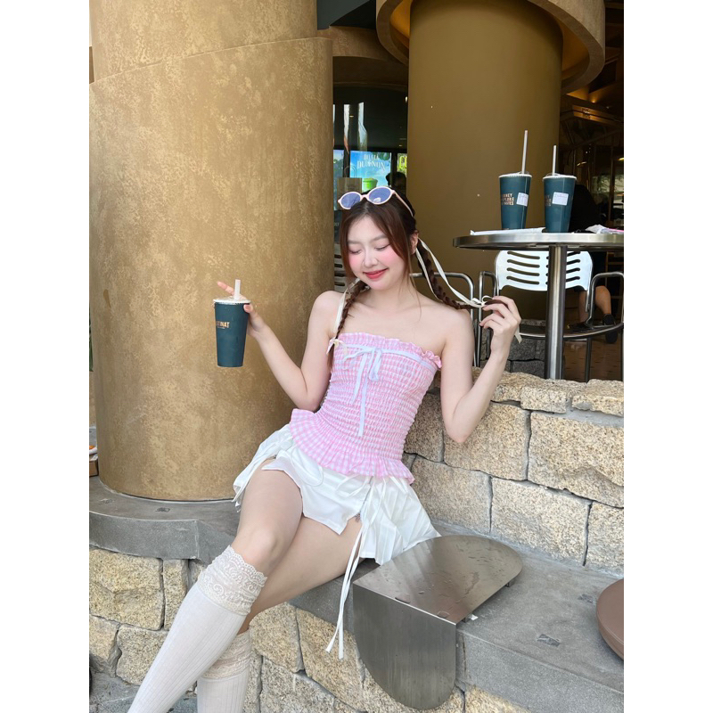 ฤดูร้อน 2024 เสื้อเกาะอกลายตารางหมากรุกมีโบว์ Gemma.closet