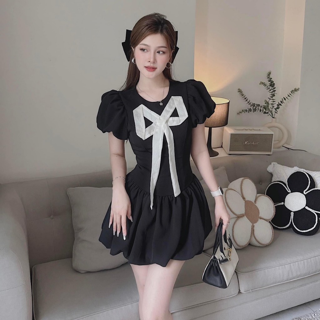 DX142 DX143 Ladys Dress คอกลม Bow Tie Mini Big Size Honeysuckle จาก 50kg ถึง 100kg S/M/L/Xl/XXl Tet 