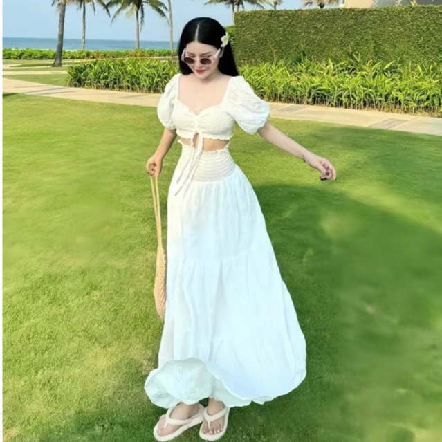 แม็กซี่เดรสไปทะเลแขนพองชั้นๆบานและอกยางยืดใส่ได้สองแบบสวยมากแฟชั่นผู้หญิงเซ็กซี่