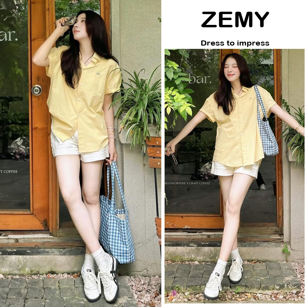 เสื้อเชิ้ตแขนสั้นผู้หญิงคลุมท้องเสื้อเชิ้ตแขนสั้นปักโบว์ ullzang Zemy
