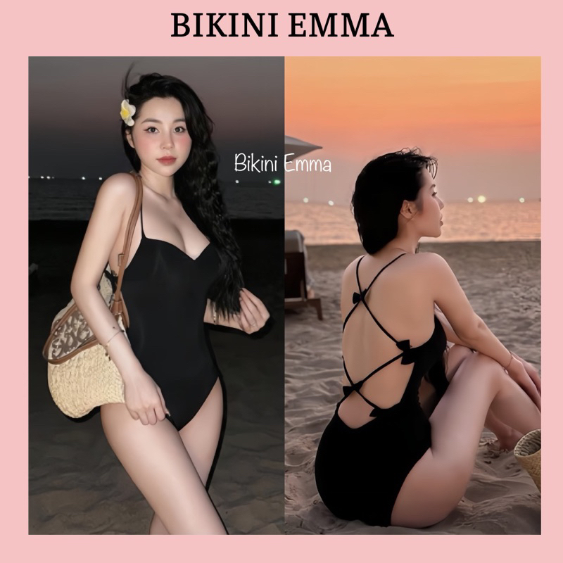 เอ็มม่า บอดี้สูท บิกินี่ 1 ชิ้น มีโบว์ด้านหลัง ยืด 4 ทาง พื้นฐานสุดหรู (พร้อมแผ่นโฟม)