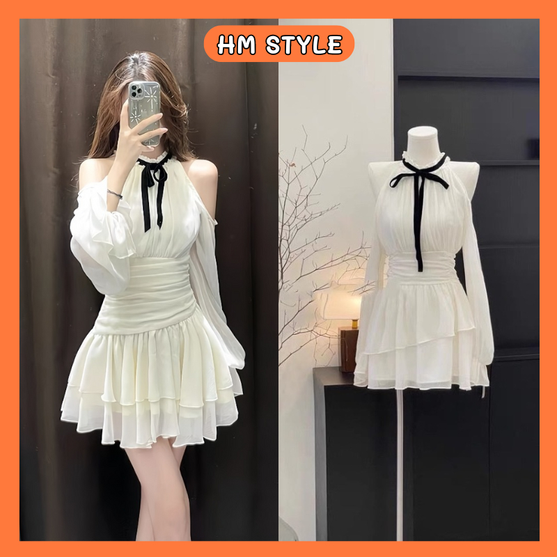 เดรสปาดไหล่ติดโบว์สีดําและกระโปรงบานชีฟอง 2 ชั้น เดรสบอดี้คอนบานพร้อมเข็มขัดรัดเอวสําหรับผู้หญิง HV118