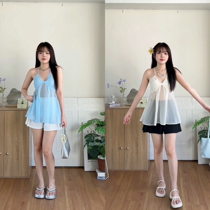 Hana Top- เสื้อ 2 สายผ้าชีฟองเมทัลลิก - เสื้อผ้าชิ