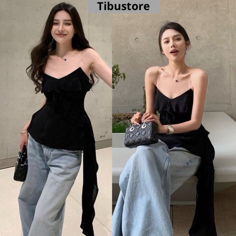 เสื้อเชิ้ตสองชิ้น (ไม่มีลูกปัด) ทิบู ยาว รัฟเฟิล เสื้อผู้หญิงสีดําเปลือยยาว รัฟเฟิล เซ็กซี่เสื้อชายหาด
