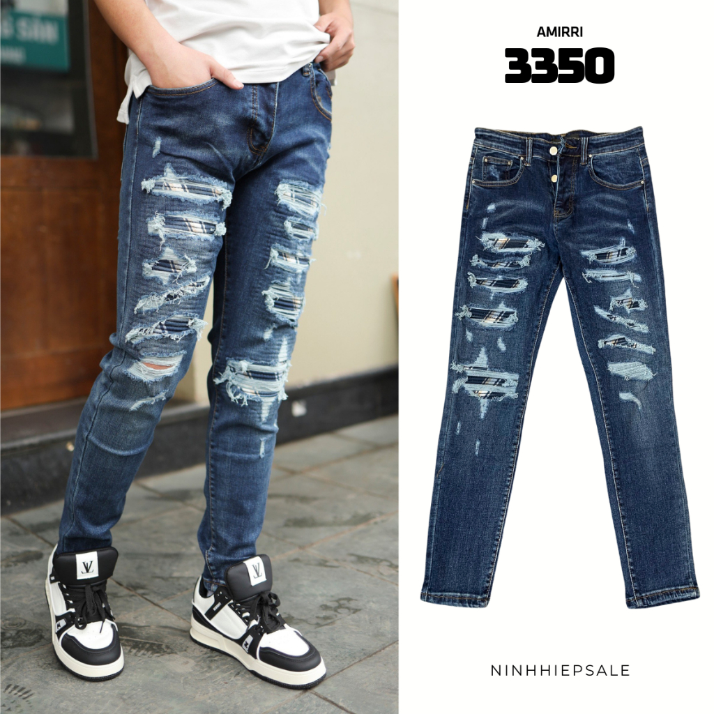 กางเกงยีนส์ Amiri สีฟ้าทรงเข้ารูปและซับในสีน้ําเงินจากกวางโจวกางเกง street boy สีฟ้า Amiri ทําจากผ้า