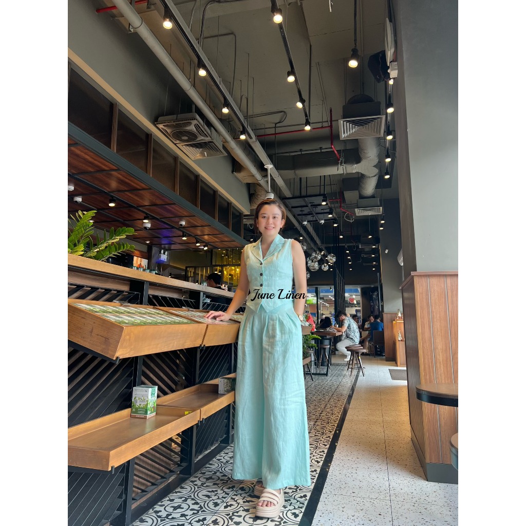 [JUNE LINEN] S17- ชุดกางเกงจับจีบขากว้าง 38 ซม. พร้อมคอปกเสื้อกั๊ก ซักผ้า TUNG BO LINEN รูปต้นฉบับ