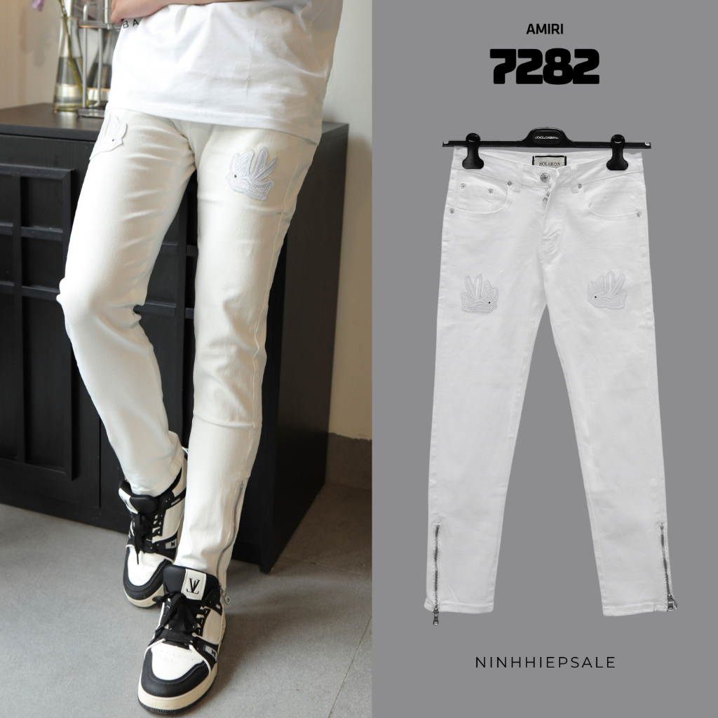 อามิริ กางเกงยีนส์ผู้ชาย สีขาวล้วน ปักนก มอตติฟ มีซิปที่ก้นกวางโจวยืด7282