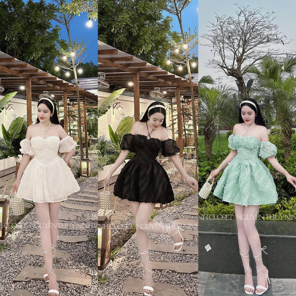เดรสดีไซน์เจ้าหญิง สุด ๆ สวย หรูหราเรียบหรู เดรสสายเดี่ยวเปิดไหล่ 2 ชั้น 3 สี