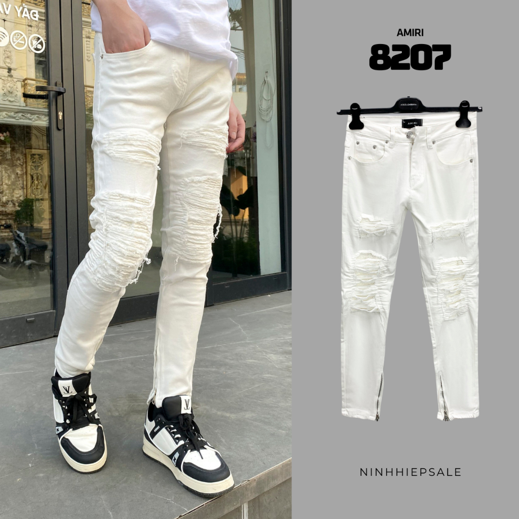 กางเกงยีนส์ Amiri สีขาวผู้ชายทรงเรียวทําจากผ้ายีนส์ยืดกางเกงยีนส์ผู้ชาย Amiri สีขาวกวางโจวพร้อมแผ่นแ