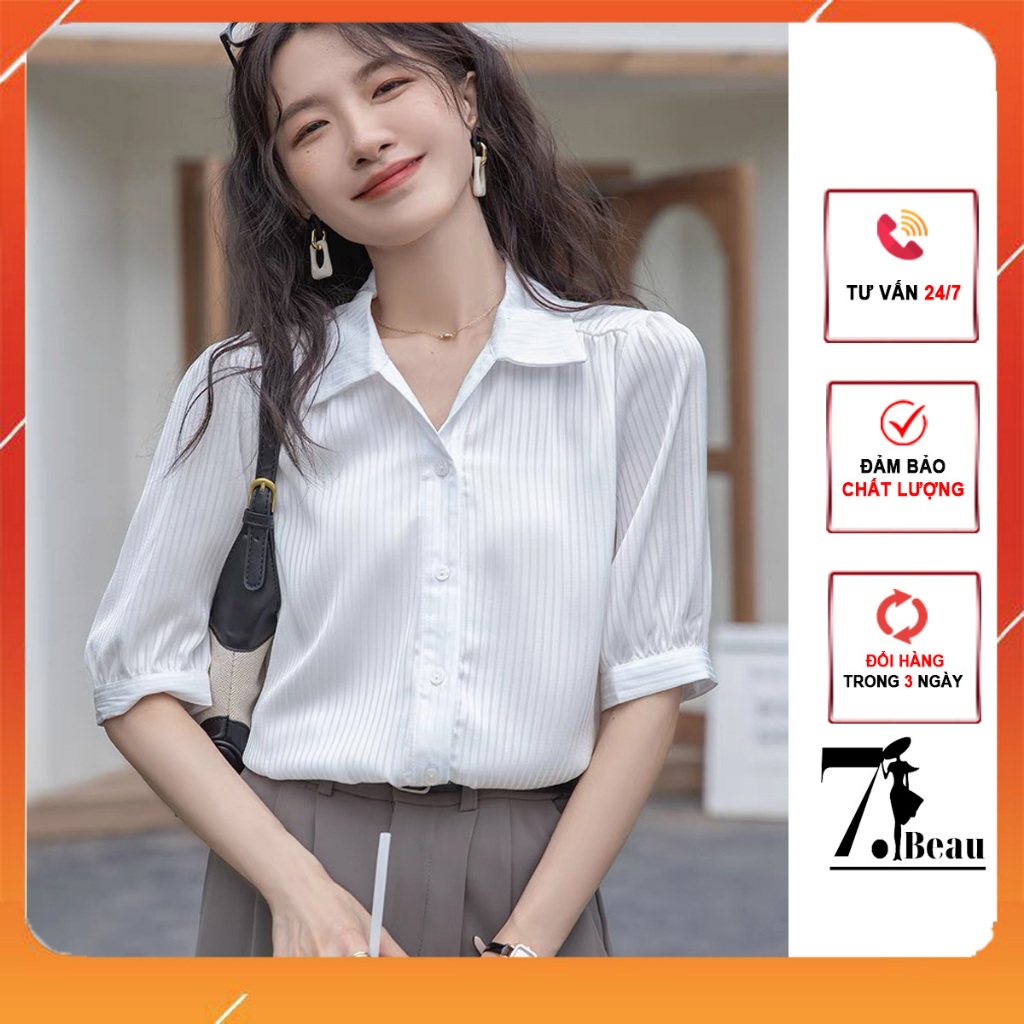 เสื้อเชิ้ตผู้หญิงเสื้อเชิ้ตผ้าไหมลายทางแขนสั้นและคอปกเปิดลง เนื้อนุ่ม สไตล์ออฟฟิศวัยรุ่นน่ารัก 7.สวย