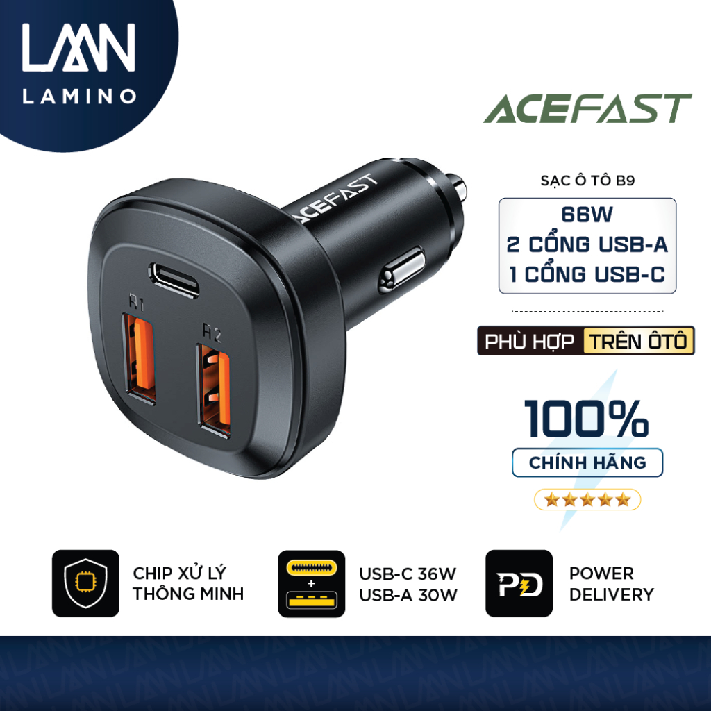 ACEFAST ที่ชาร์จในรถ 66W ความจุ 3 พอร์ตเอาต์พุต - พอร์ต USB-A 2 พอร์ต + พอร์ต USB-C 1 พอร์ต (เครื่อง
