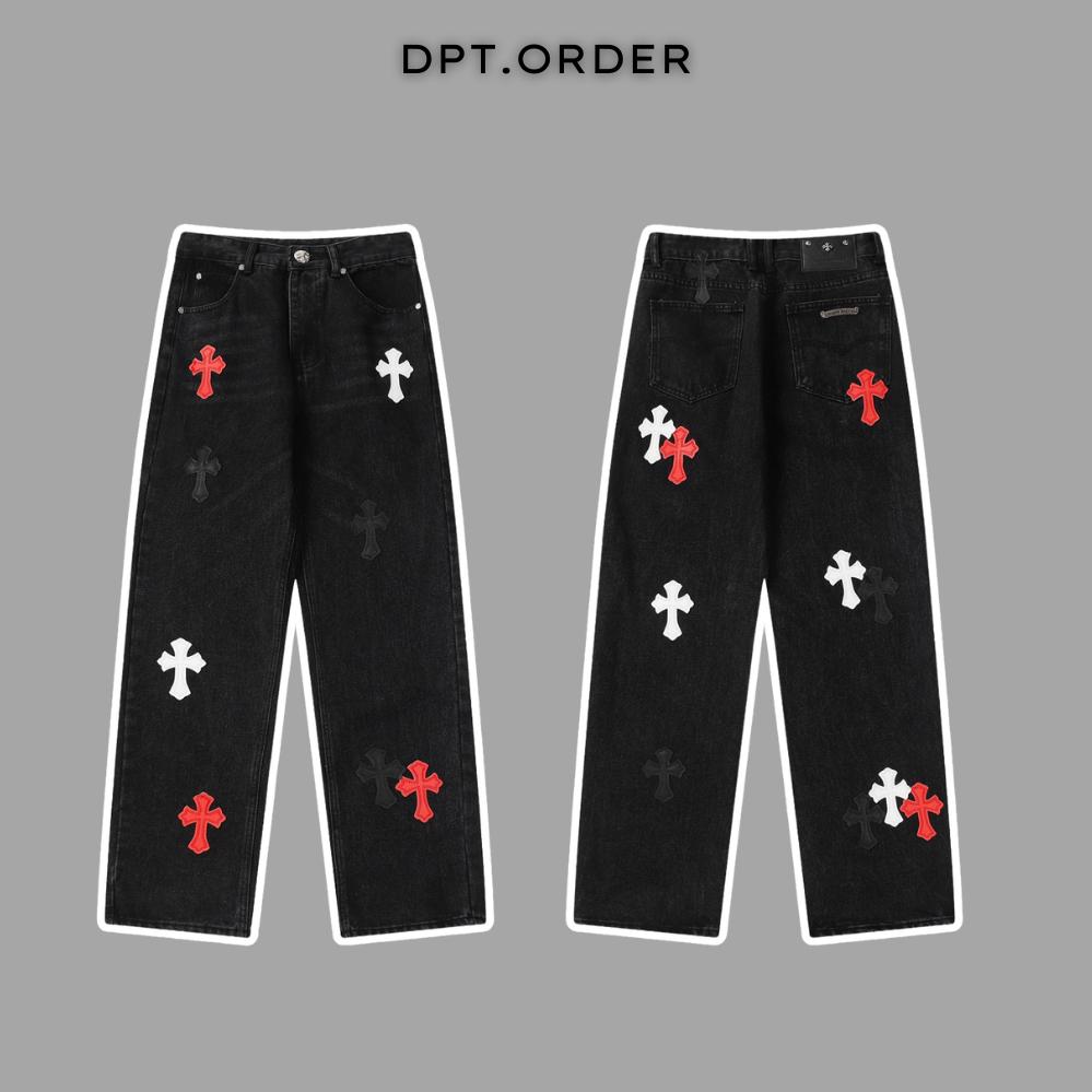 (คุณภาพดีที่สุด) กางเกงยีนส์ Chrome Hearts Black ปักโลโก้หนัง