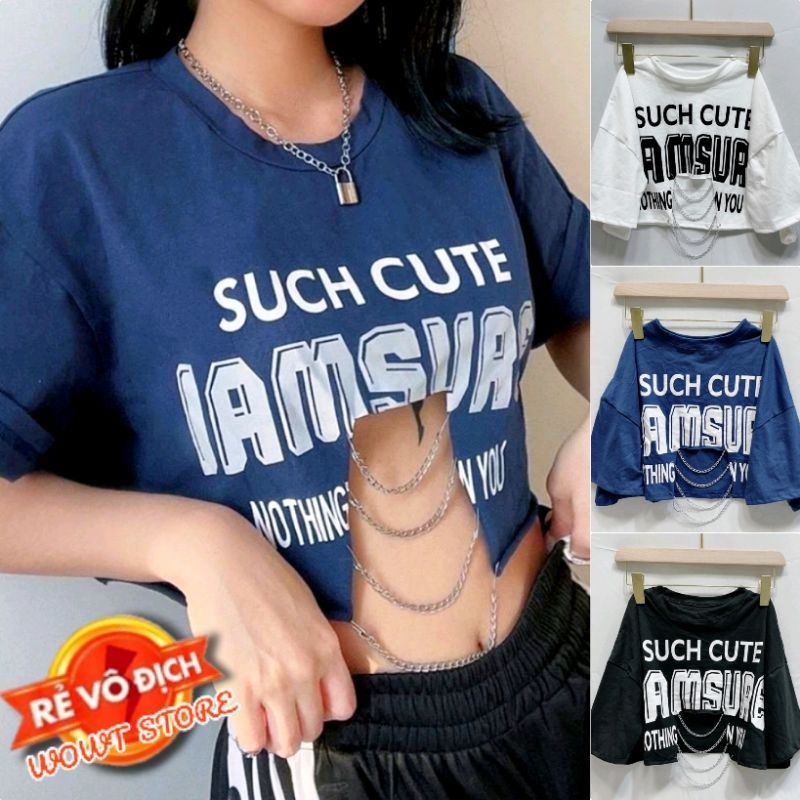 เสื้อครอปสตรีเอวตัดโซ่ บุคลิกภาพแบบไดนามิก ผ้ายางยืดธรรมดาพิมพ์ลายตัวอักษร ฟรี ขนาด ใต้ 53กิโลกรัม