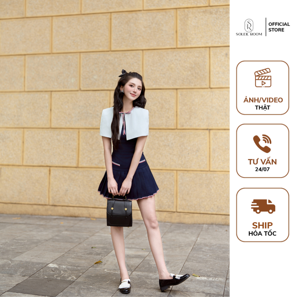 Soleil ROOM ชุดสตรีดีไซน์สั้นพร้อมแขนจับจีบชุด ARA อ่อนเยาว์และไดนามิก