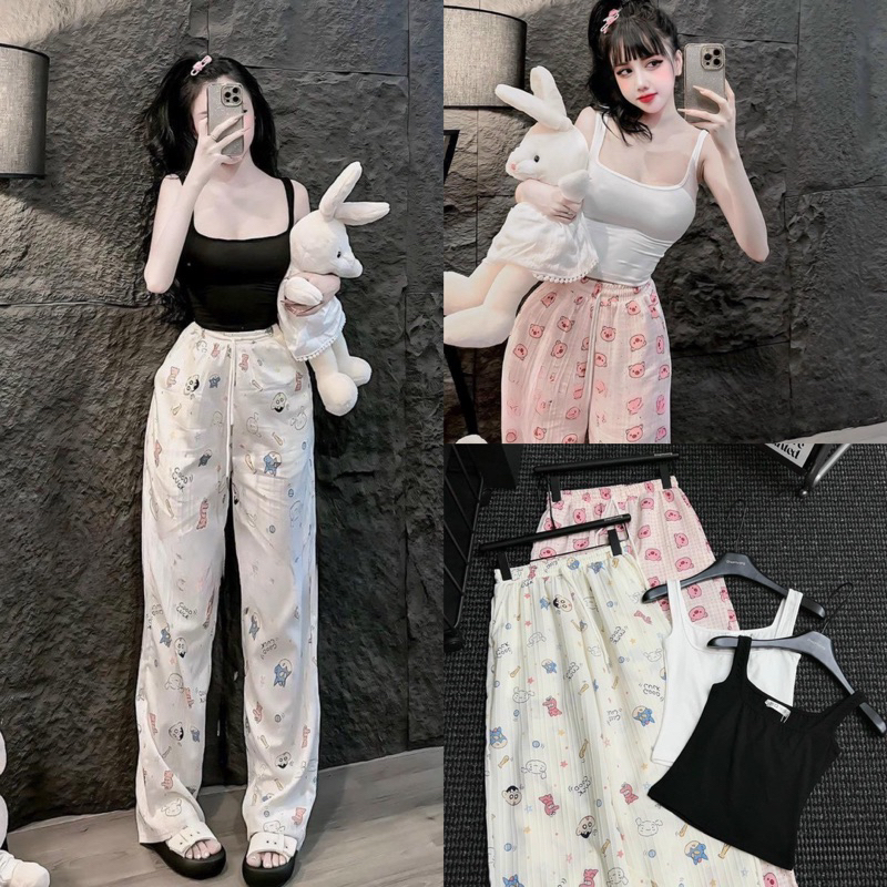 VTR- ชุดการ์ตูนคอสี่เหลี่ยมธรรมดาเชือกแขวนคอด้านบนการ์ตูนเสื้อหลวมยาว