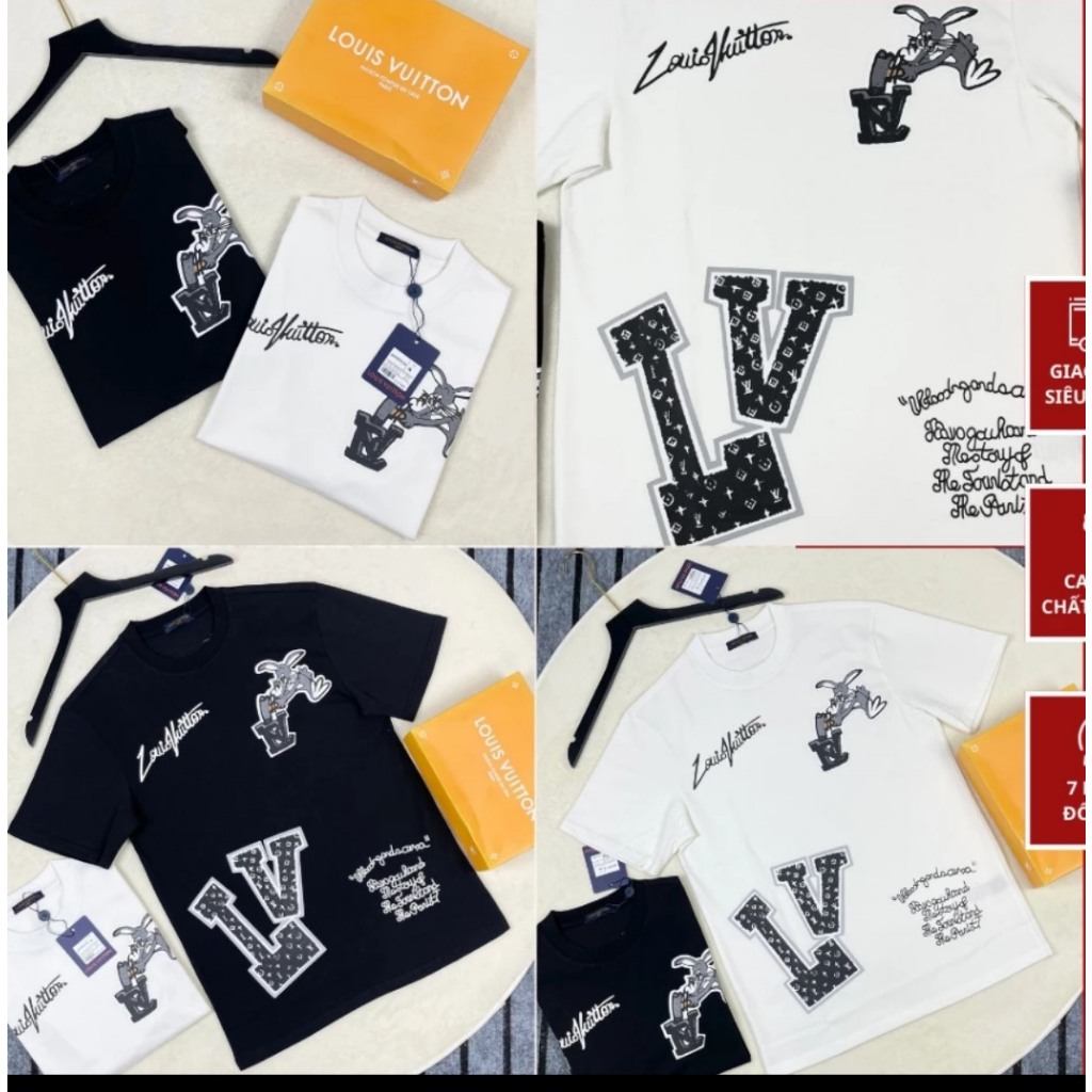 Lv Rabbit เสื้อยืดผ้าฝ้ายยืด 2 ทางคุณภาพสูง - เสื้อยืดผู้ชายและผู้หญิง Lv สวย Hottrend 2024