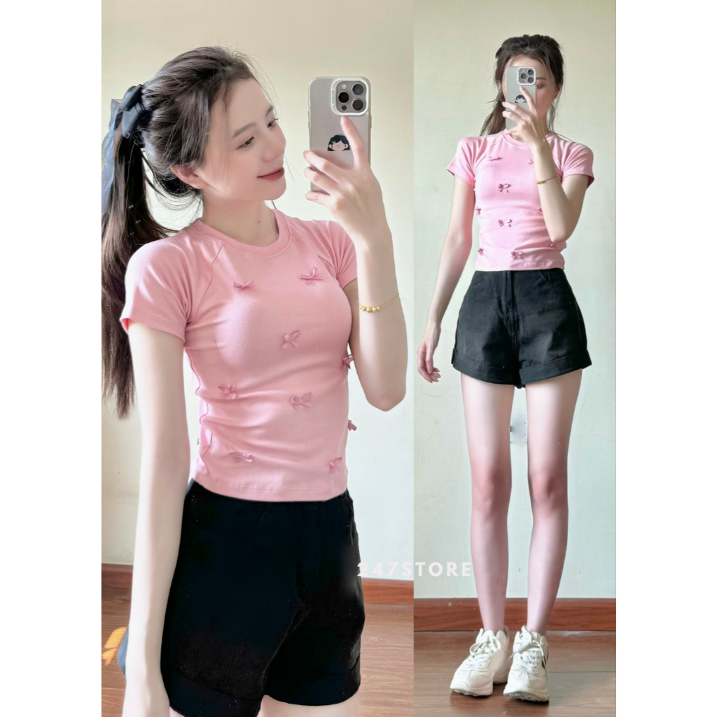 เสื้อยืดคอกลมผู้หญิงโบว์สั้น - 247store - Bbt162_P4K9