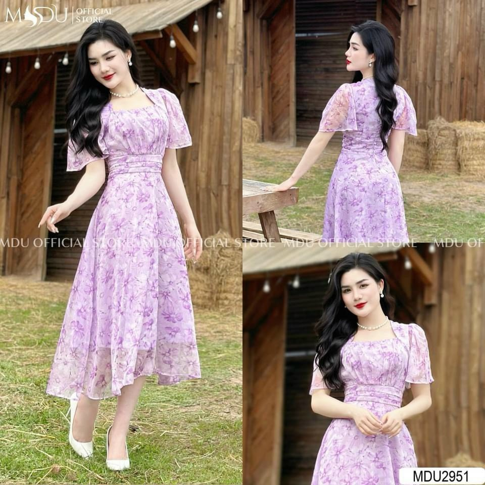 เดรสลายดอกแฟชั่นสตรีผ้าชีฟองลายดอกไม้สีม่วงคอเหลี่ยมแขนสั้นจีบหน้าอกเอวแผงกระโปรงบานเหนือเข่า การควบคุมคุณภาพ
