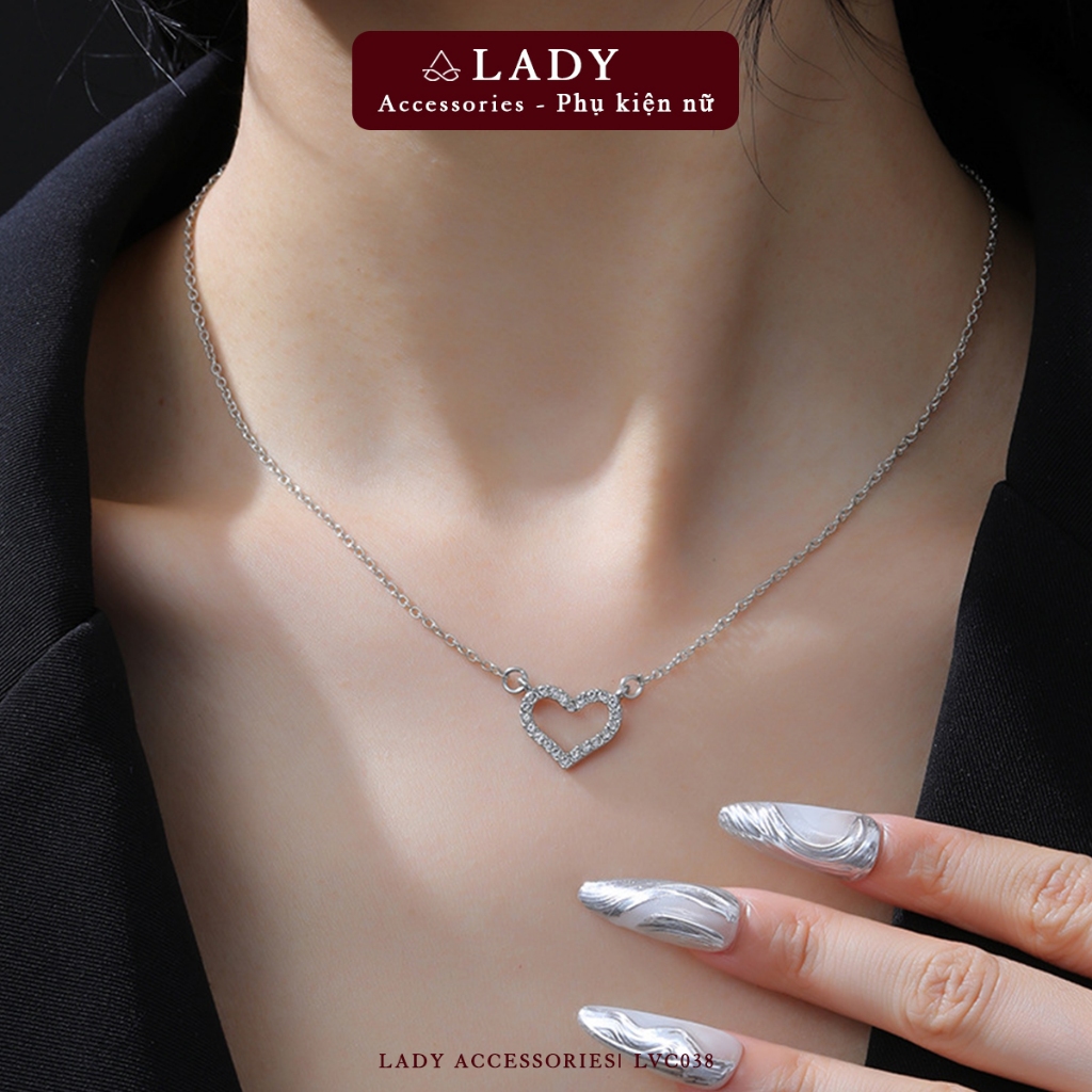 Lady Accessories สร้อยคอไทเทเนียมผู้หญิงพร้อมจี้รูปหัวใจและหินแวววาว เครื่องประดับ - LVC038