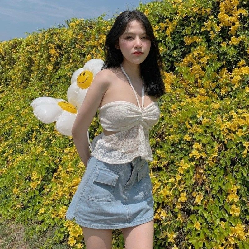 เว้าหลังสวยมาก เสื้อท็อปลูกไม้ลายลูกไม้ซีทรูไปทะเล - ชูชาเนื้อผ้า