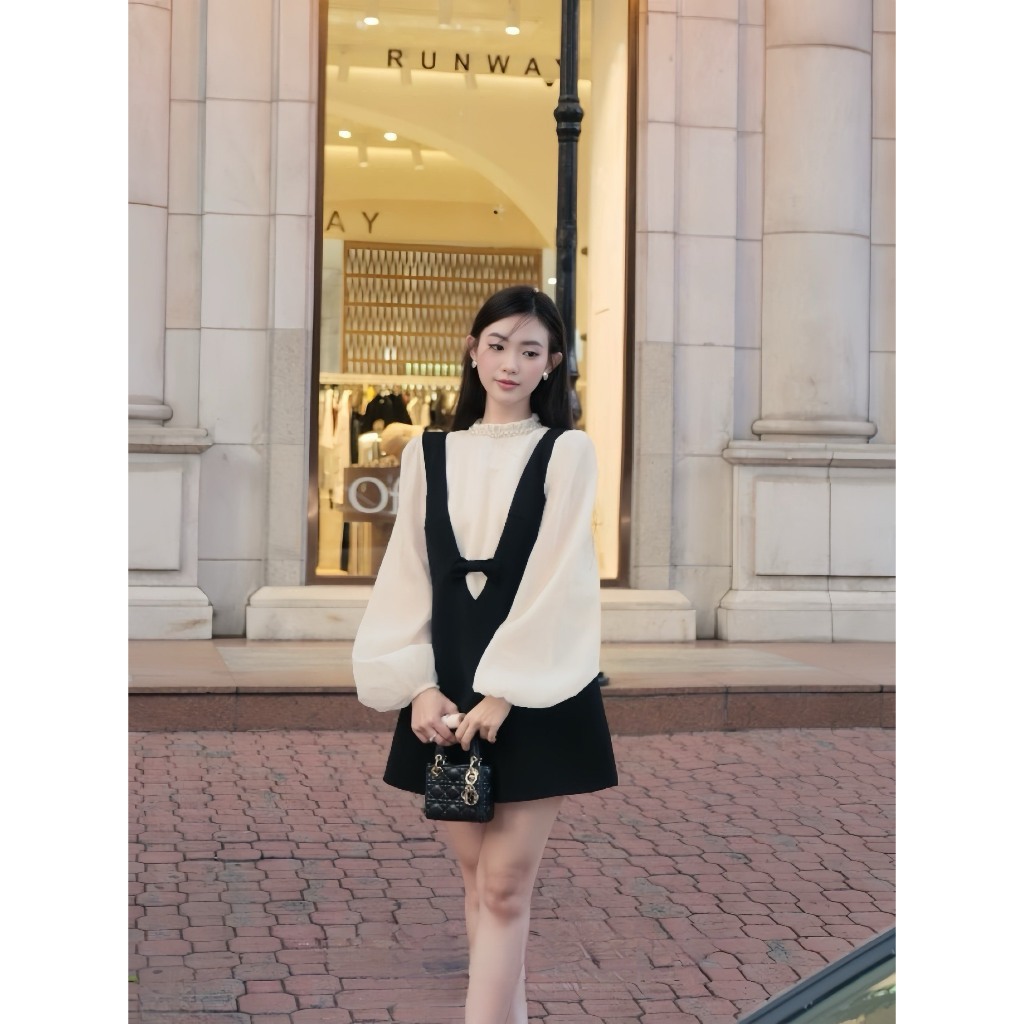 พัฟแขนเสื้อคอปกมุกและเดรสสายเดี่ยวอ่อนเยาว์ที่สวยงาม - D0880 TH
