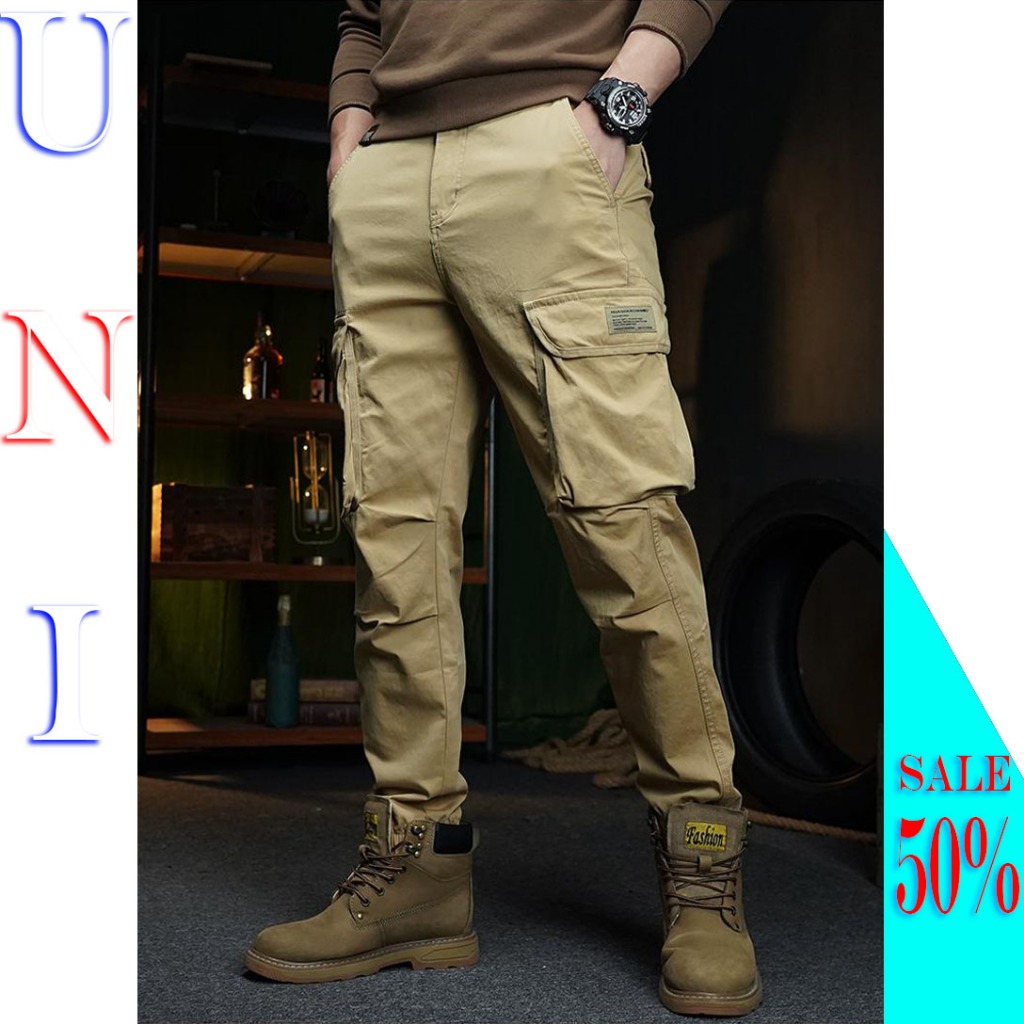 กางเกงจ็อกเกอร์ผู้ชายสีกากีคุณภาพสูงพร้อมกระเป๋ากล่อง - DM2