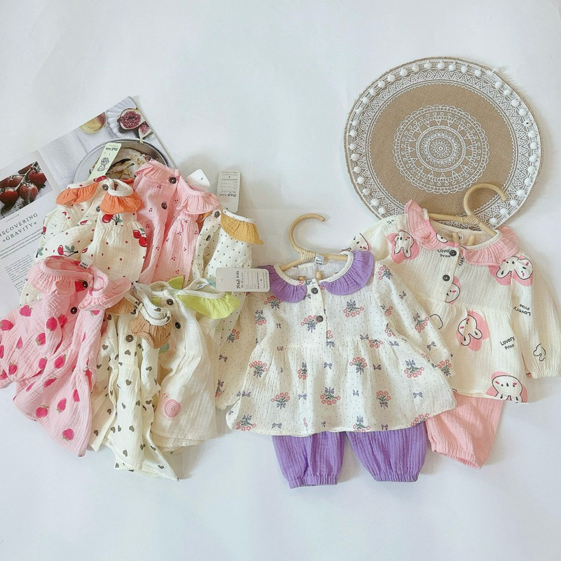 NT212 ชุดเซ็ทแขนยาวมัสลินคอปกระบายลายสีน่ารักสําหรับเด็กผู้หญิง