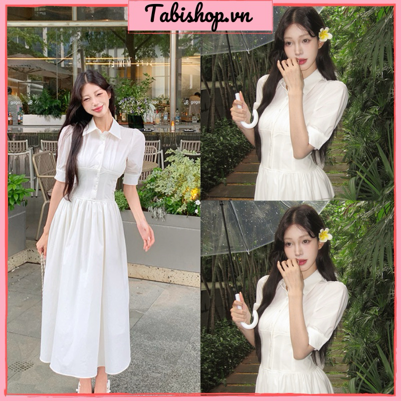 ทาบิชอป ชุดเดรสแขนพัฟเลดี้ เดรสเชิ้ตสีขาวตัวยาวดีไซน์ให้แบนขึ้นสไตล์ฝรั่งเศสสุดหรู(33)