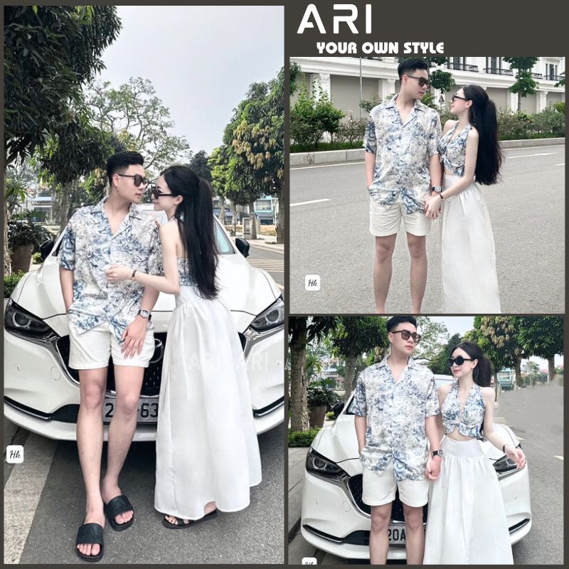 เสื้อผ้าผู้ชายและผู้หญิง ชุดเซ็ทคู่รักออกงานไปเที่ยว - ชุดไปทะเลคล้องคอผูกโบว์รวมกับเสื้อเชิ้ตผู้ชายผ้าไหมนุ่มเท่ - อารีย์