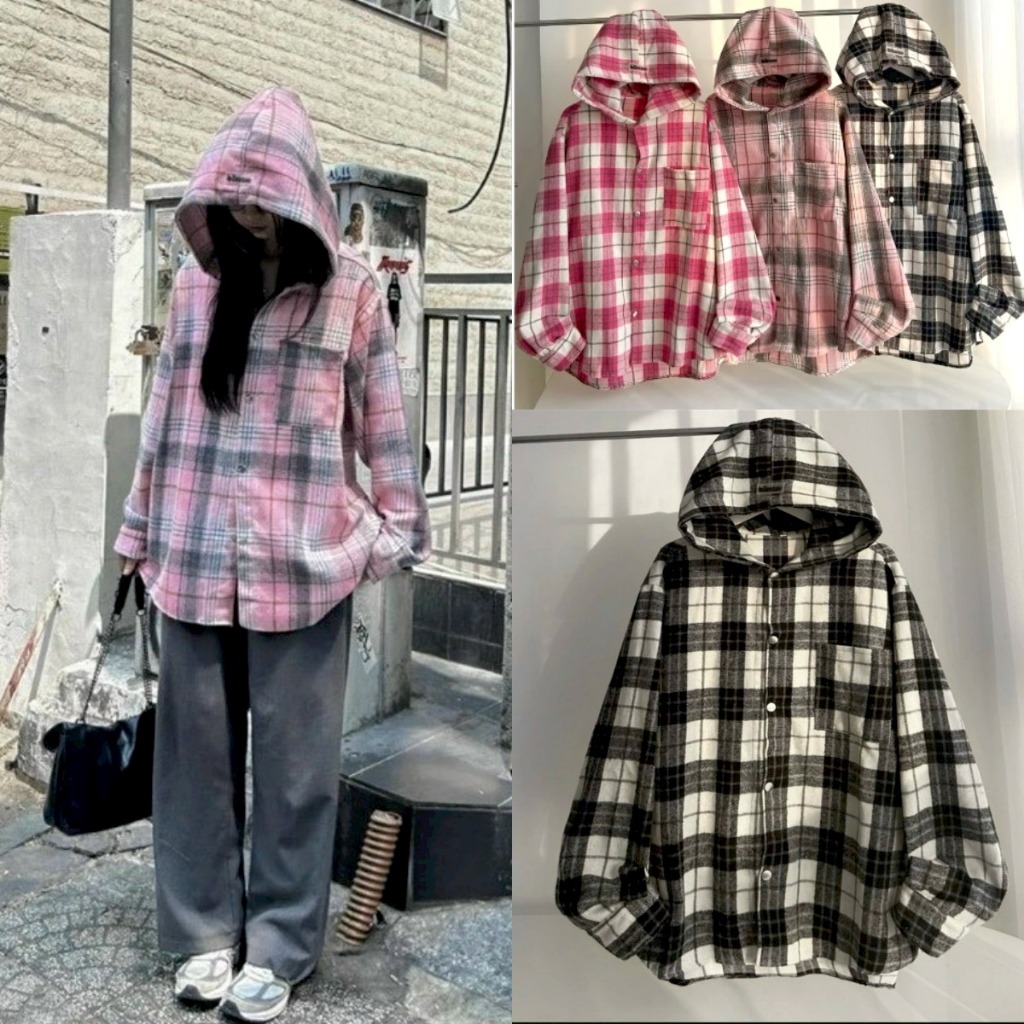 เสื้อแจ๊กเก็ตผ้าสักหลาดลายหมากรุกสําหรับผู้ชายและผู้หญิงแขนยาวพร้อมหมวกหลวมทําจากผ้าเคทลายสก๊อตหนาเท่ ไม่จํากัดเพศ