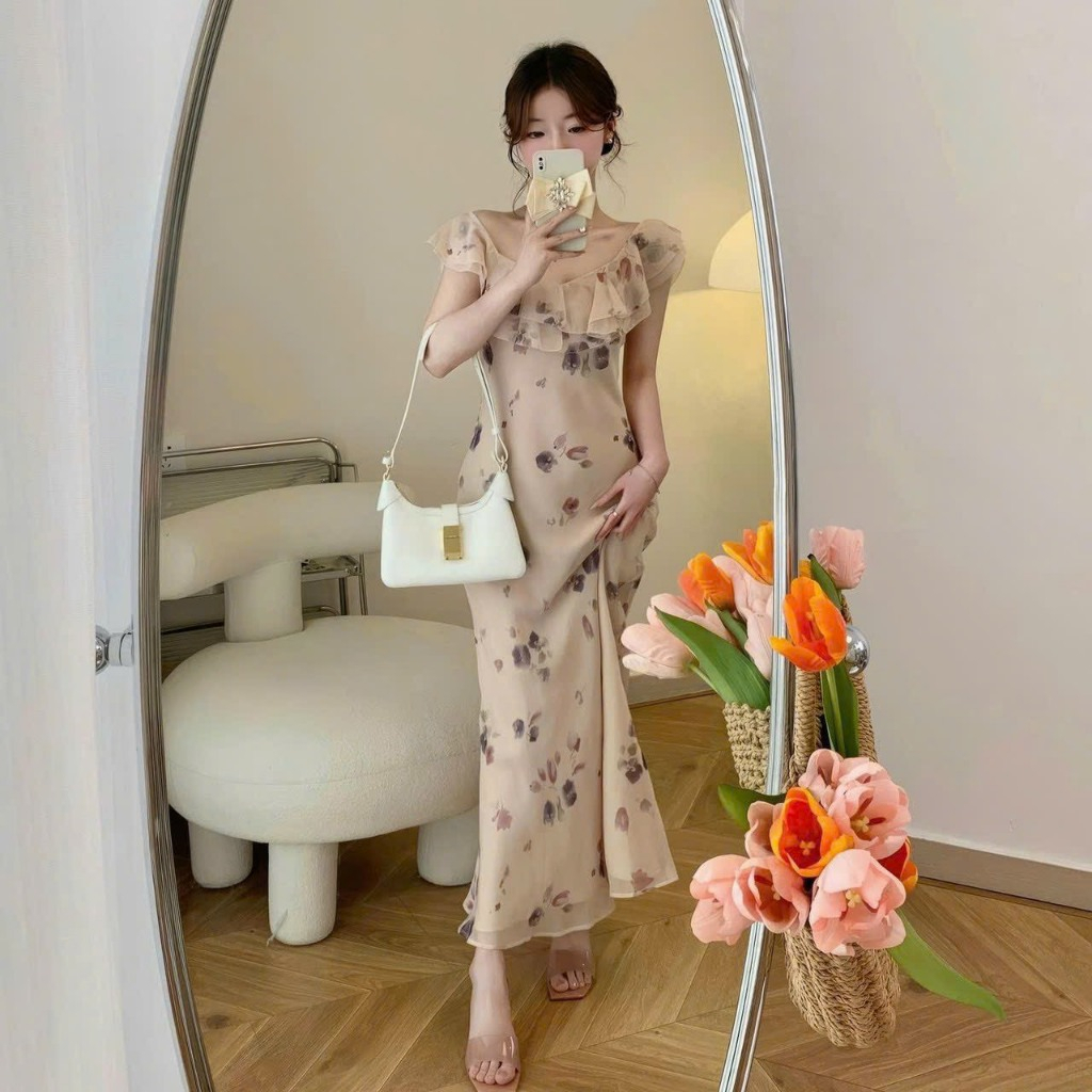 ชุดเดรสแฟชั่นผู้หญิงใส่ไปทะเลผ้าชีฟองพิมพ์ลายดอกไม้เรียบปีกนางฟ้า2ชั้นระบายใหญ่ แมกซี่ กระโปรงบาน การควบคุมคุณภาพ
