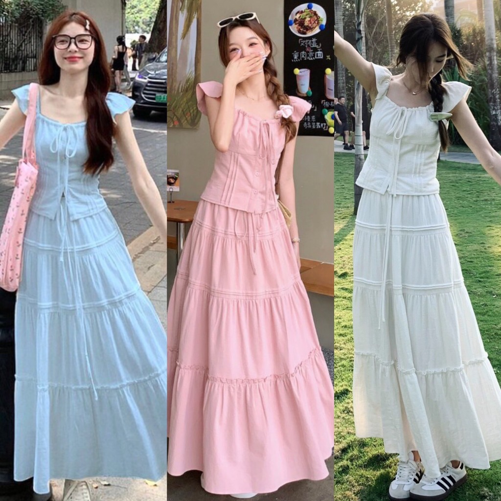 ชุดเสื้อนางฟ้า3สีก้อนหน้าอกถ้วยผสมกระโปรงชั้นยาวกับเข็มขัดน่าระทึกใจสุดจับคู่สําหรับชายหาด (รูปถ่ายจริงบนพื้น)