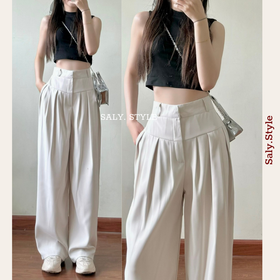 SALY กางเกงขายาวผู้หญิงขากว้างมีสองขอบเอวคู่วัสดุทองคุณภาพสูงนุ่มและเย็น Quan836 P9K15