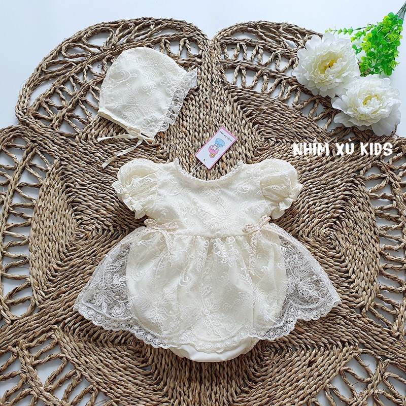 Body Cream Lace Dress with Pearls Ruffled Hedgehog KIDS for Infant, Full Month, Baby, Birthday Baby Girls with Hat B038