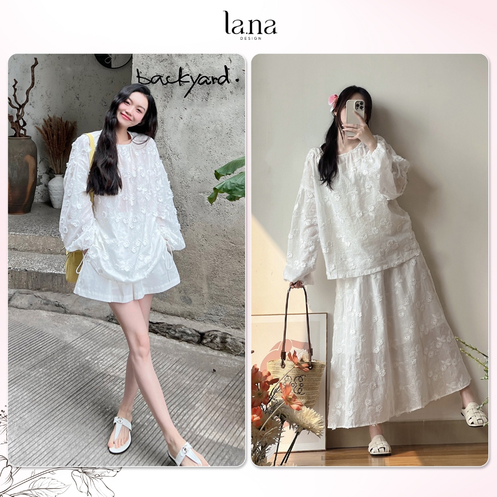 La.na เสื้อผ้าที่ออกแบบมา Set เสื้อเชิ้ตผู้หญิงสีขาวแขนยาวผู้หญิงทําจากผ้าฝ้ายดิบ - SQ999/SV999
