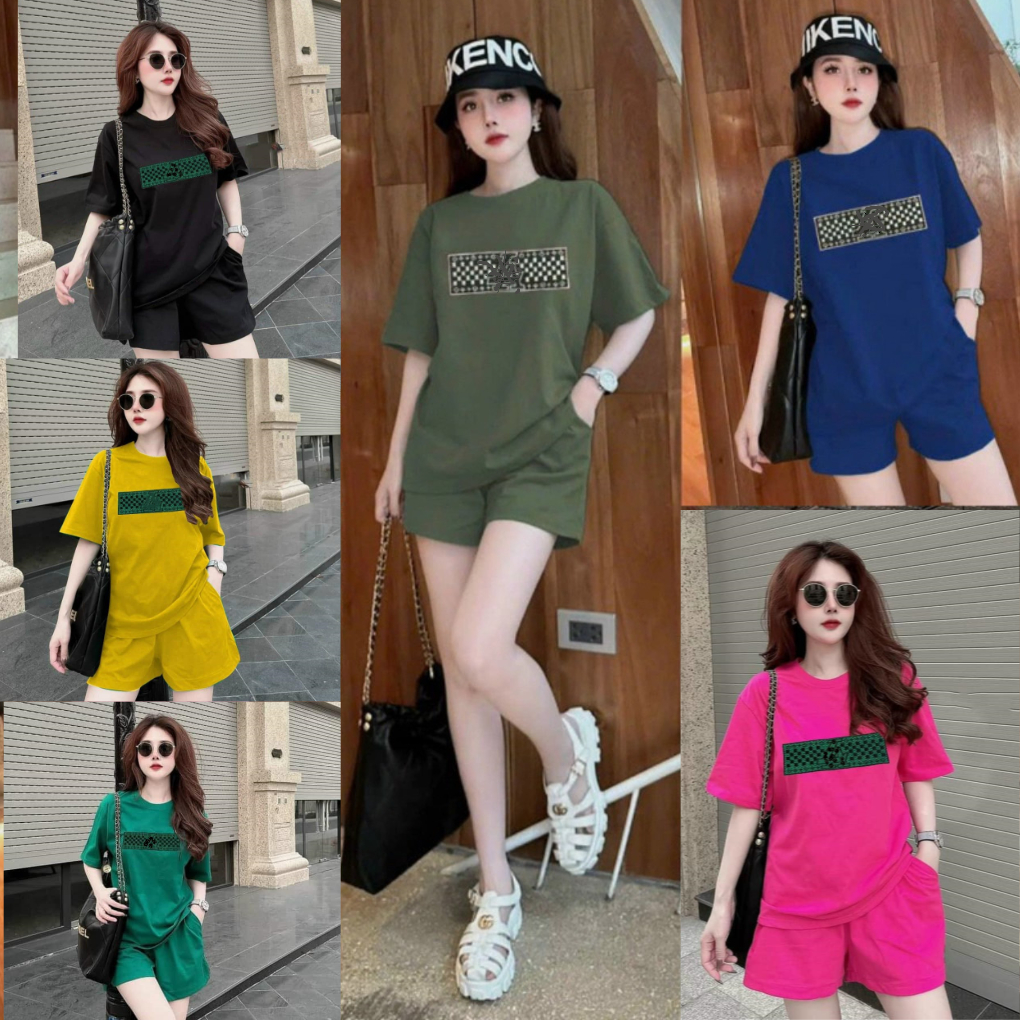 ชุดอยู่บ้านหน้าร้อนผู้หญิง ชุดเซต ทรงหลวม ผ้าฝ้ายยืดนุ่ม 40-75กิโลกรัม พิมพ์แนวนอน