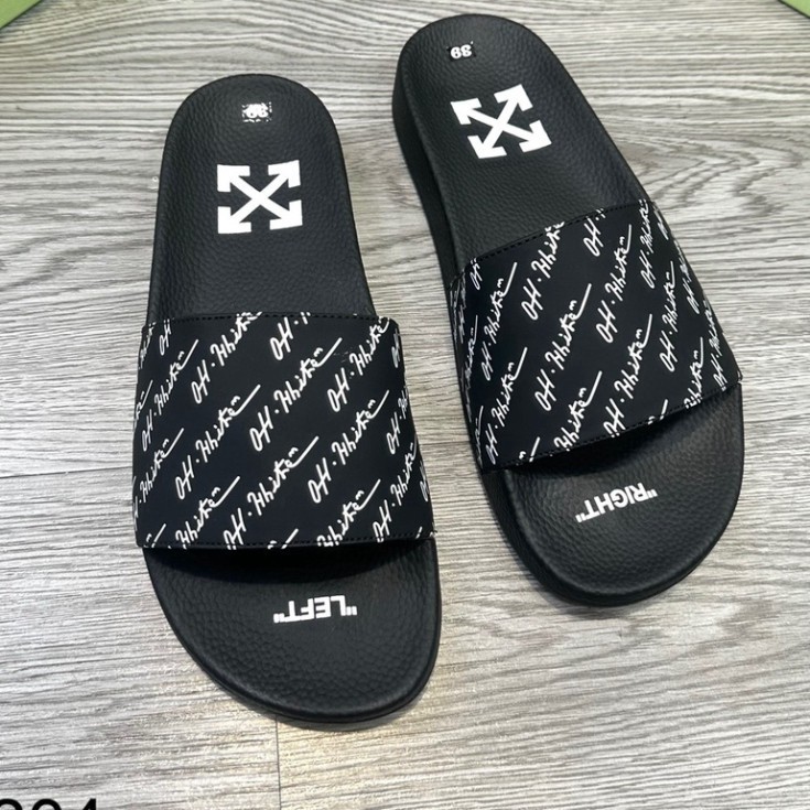 สไลด์ Off-White Off Stamp พร้อมตัวอักษรสีขาว OFF และ MONOGRAM เท่มาก รองเท้าแตะสายไขว้สีดําและสีขาว 