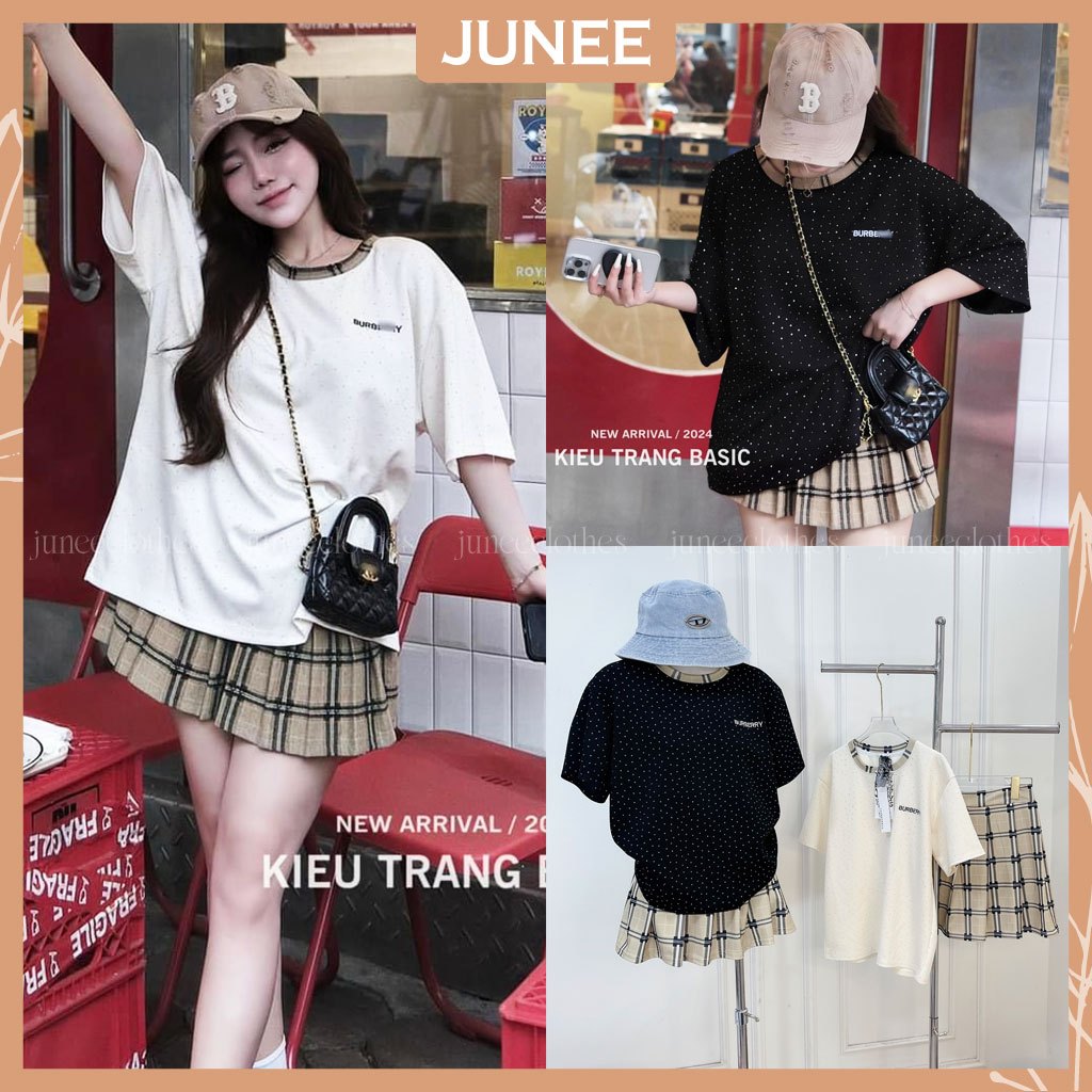 ชุดสตรีชุด BBR เสื้อยืดลายตารางหมากรุกคอและหิน Applique เต็มร่างกายผสมกระโปรงจีบสี่เหลี่ยมฟรีไซส์