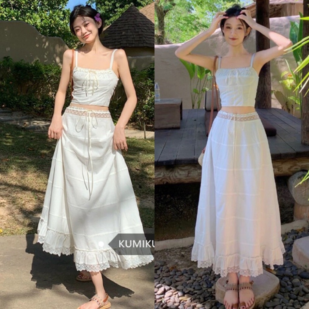 ชุด สายสปาเก็ตตี้ด้านบนพร้อมกระโปรงเอวลูกไม้สีขาวชั้นยาวขอบลูกไม้2ชั้น (รูปถ่ายจริงบนชั้น) ฮ่าๆ