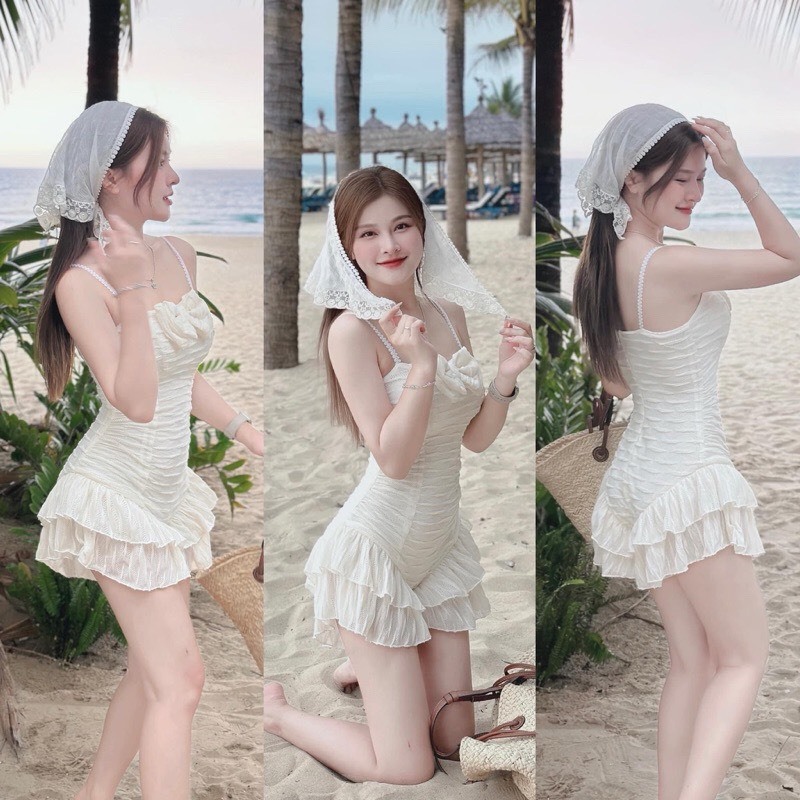นางสาว931 ชุดจั๊มสูท ชุดว่ายน้ํา 1 ชิ้น พร้อมผ้าพันคอ บิกินี่ พร้อมสายผูกโบว์สีขาว 2 เส้น
